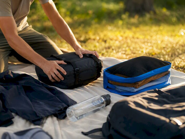 Hands compressing packing cubes in suitcase