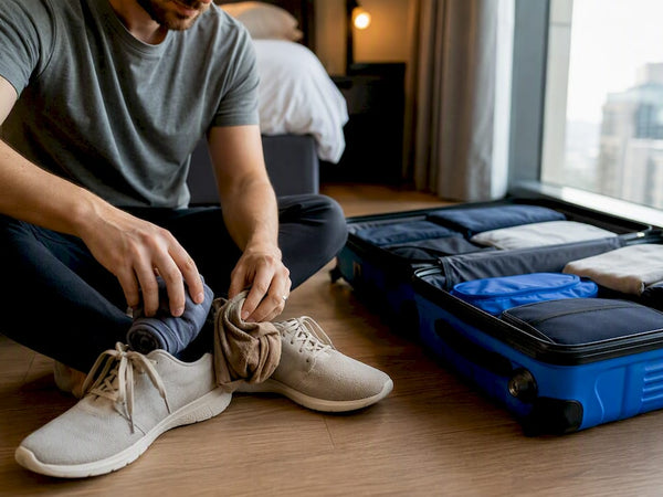 Hands stuffing clothes into shoes