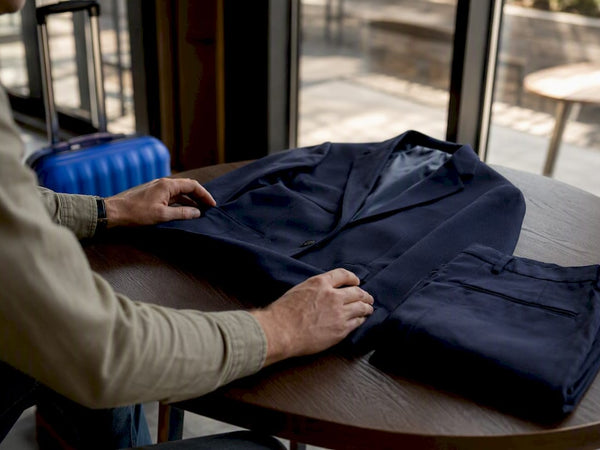 Hands folding suit jacket and trousers