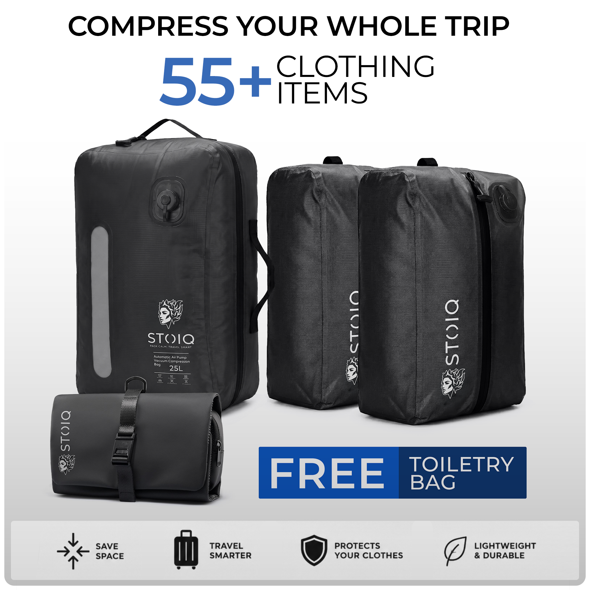 Stoiq Checked Bag Bundle - three vacuum compression bags with built-in pumps