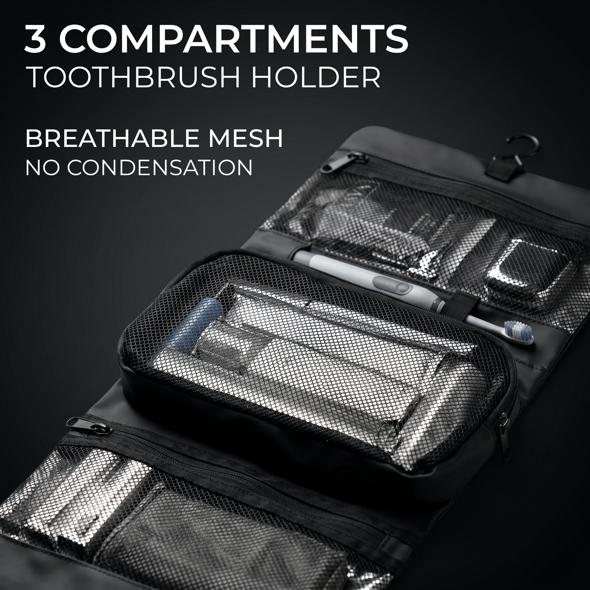 Stoiq Toiletry Bag in matt black with 3-compartment layout open