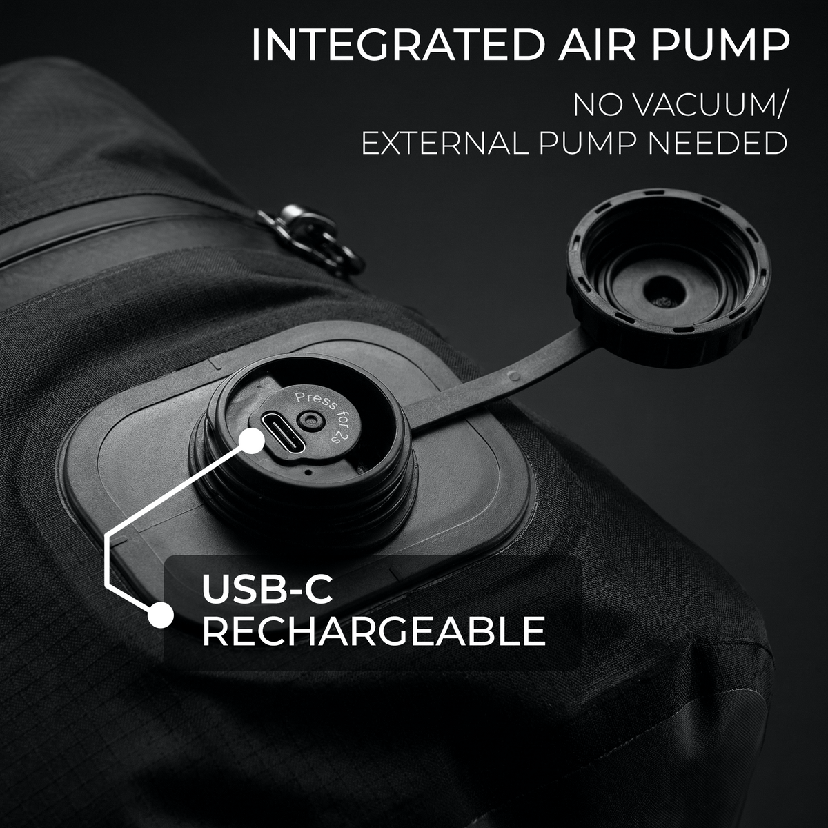 Stoiq built-in USB-C rechargeable vacuum pump on a compression travel bag