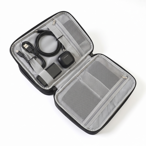 Stoiq Cable Organizer open, cables, earbuds and power bank in the elastic loops
