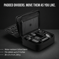 Padded adjustable dividers in the base, tablet sleeve and cable loops open