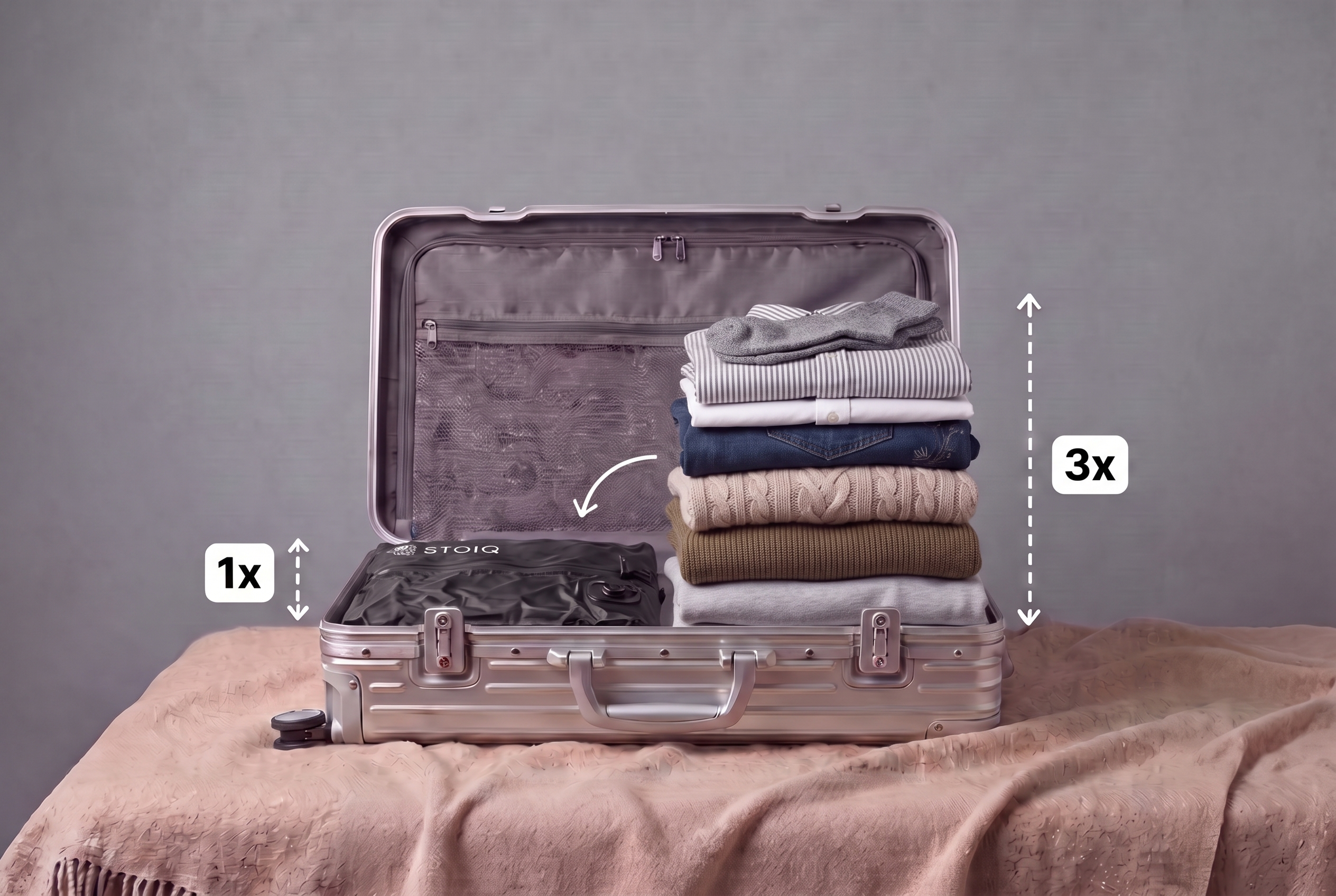 Open aluminium suitcase with a compressed Stoiq vacuum travel bag beside a stack of clothes three times as tall
