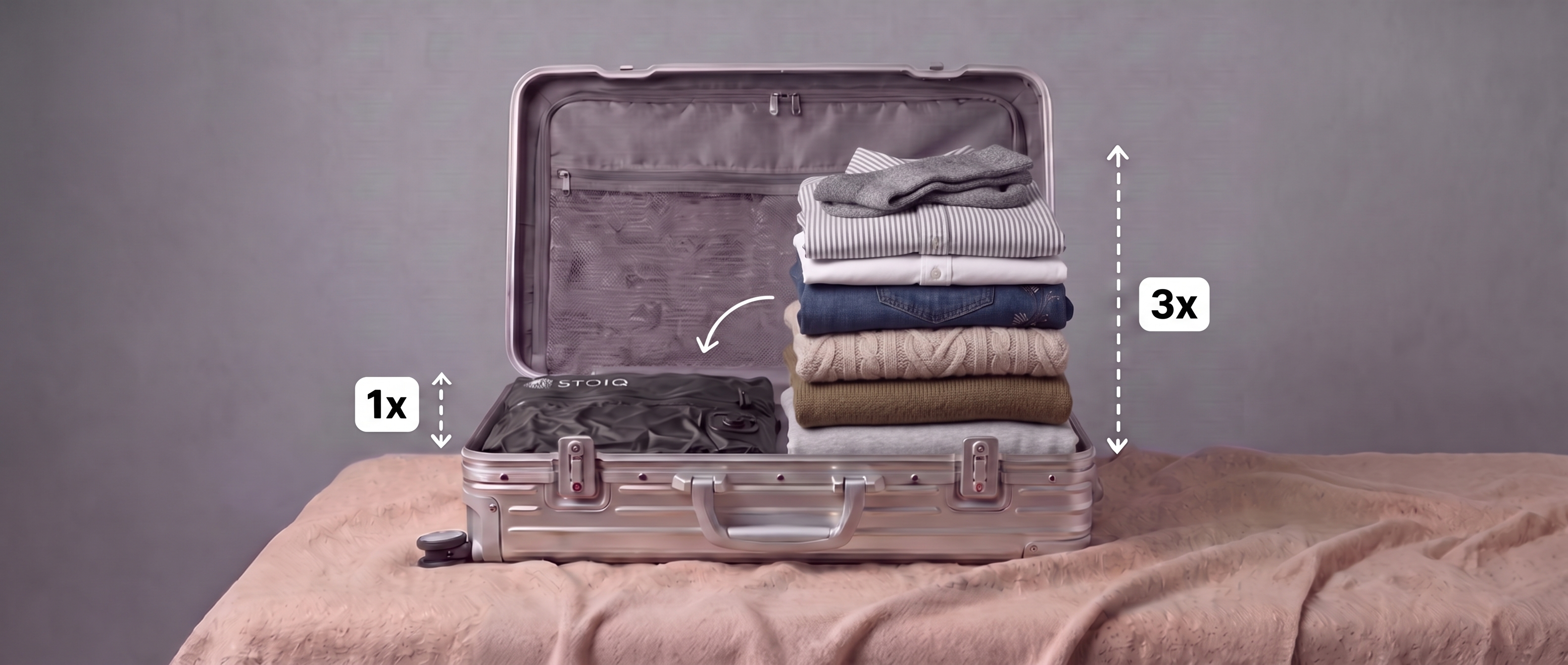 Open aluminium suitcase with a compressed Stoiq vacuum travel bag beside a stack of clothes three times as tall