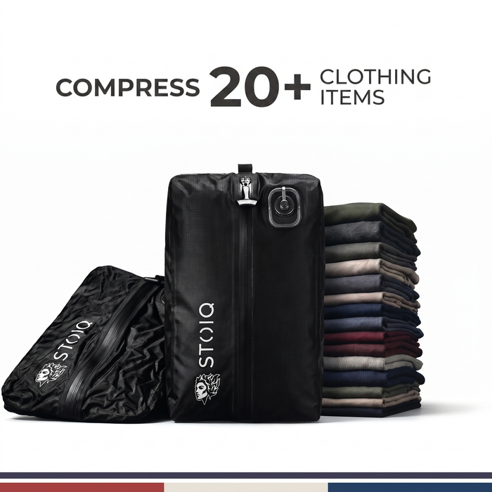 Stoiq Carry-On Solution 20L with a stack of folded clothes, compress 20 plus clothing items