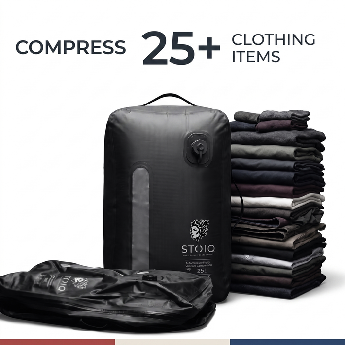 Stoiq Carry-On Solution 25L with a larger stack of folded clothes, compress 25 plus clothing items