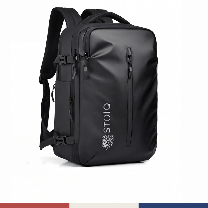The Stoiq Compression Backpack on a white background with a Labor Day stripe