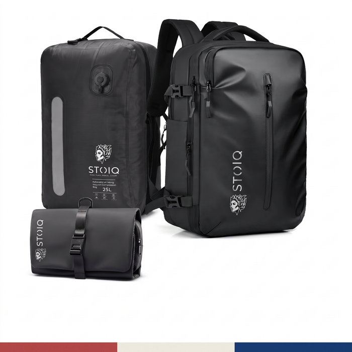 The Stoiq Carry-On Bundle on a white background with a Labor Day stripe