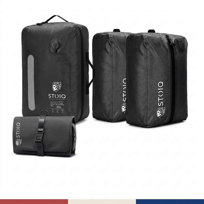 The Stoiq Checked Bag Bundle on a white background with a Labor Day stripe